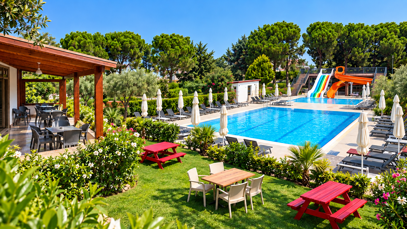 Helen Otel Geyikli’nin bahçesi, havuzu, aqua parkı ve kapalı şemsiyeleri